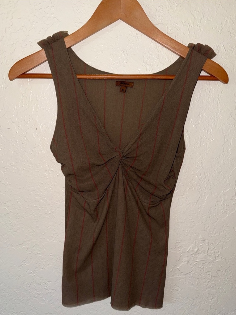 Vintage 90s Arden B Mesh Twist Tank Top V Neck Olive Green Pink Pinstripe Y2K M